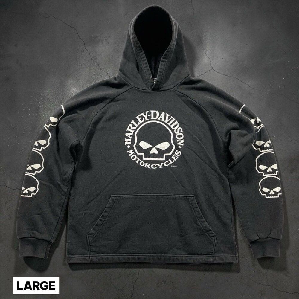 Vintage Y2K Harley-Davidson Hoodie Youth LARGE Black Sleeve Skulls Logo Canada